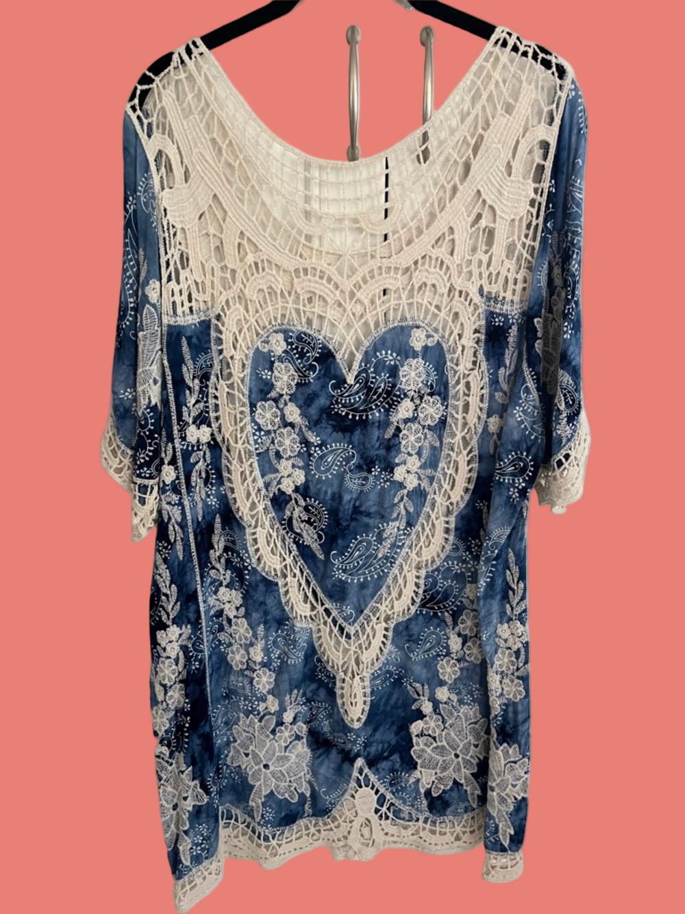 ☀️ Blue Tie-Dye Lace Heart Tunic/Mini/Coverup